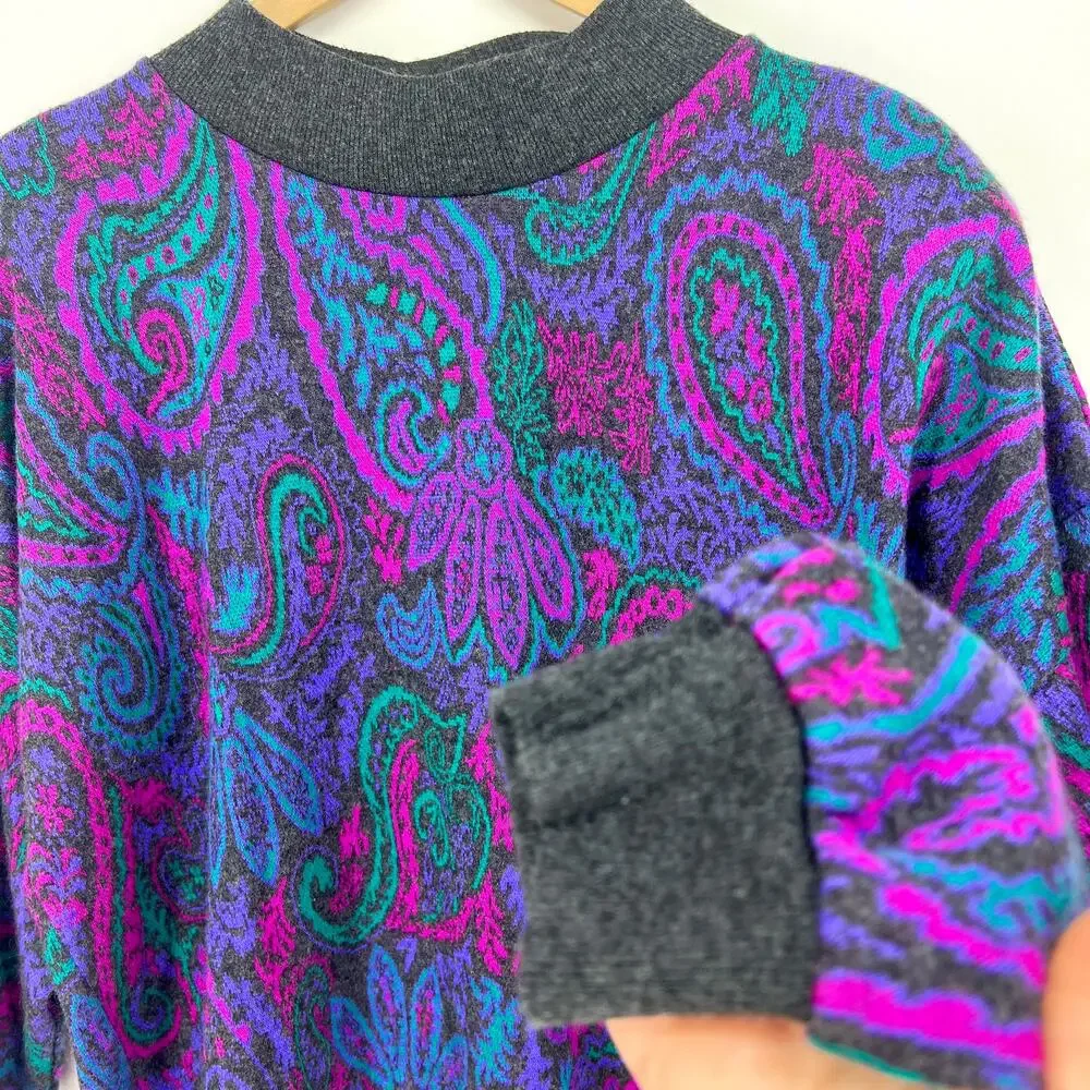 Vintage 80s Season Ticket Mock Neck Paisley Knit Sweater Shoulder Pads Size L